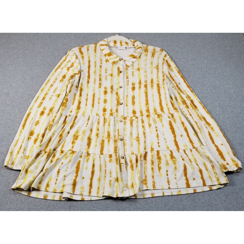 New Directions Button Up Shirt Women XL Abstract Tie Dye Tiered Babydoll Stretch